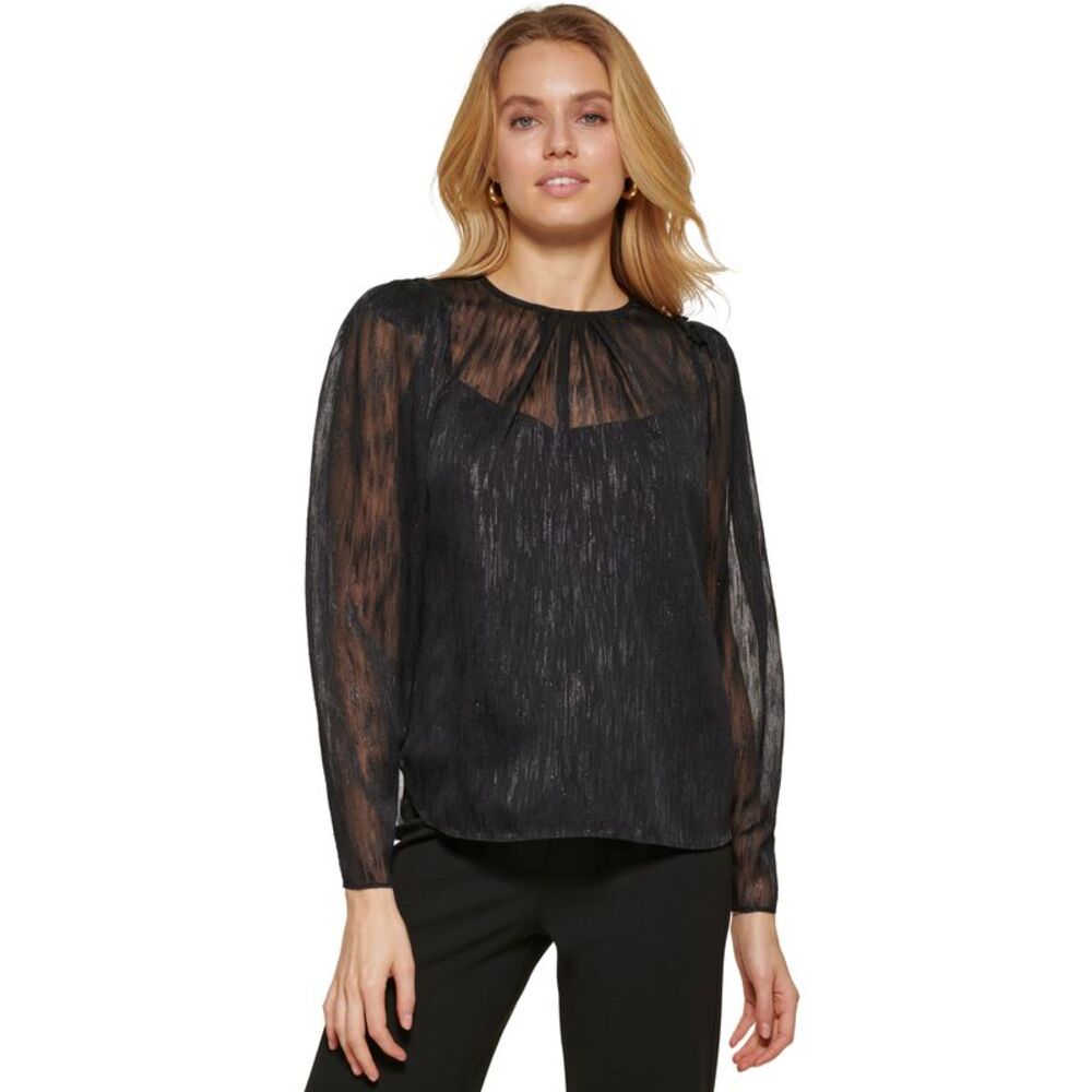 DKNY Womens Crewneck Long Puff Sleeve Mesh Top